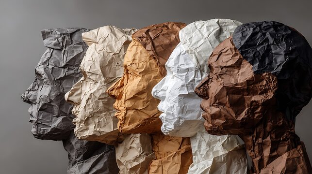 Side profiles of five human heads, crafted from crumpled paper in varied skin tones