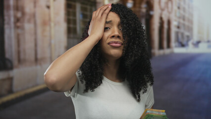 Fototapeta premium Frowning woman in white shirt holding and counting south african rand banknotes on street; financial stress.