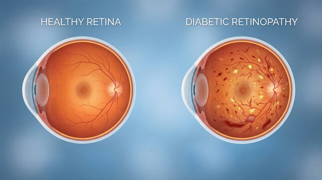 3D Medical Eye Anatomy Comparing Healthy Retina to Diabetic Retinopathy