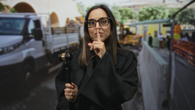 Hispanic young woman judge holding gavel, finger to lips for silence in street; authoritative silence justice.