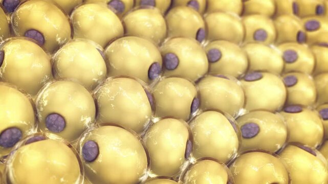 Adipocyte fat cells microscopic view. Obesity and weight loss pathology. Lipid accumulation and cellular hypertrophy, metabolic dysfunction and chronic inflammation.