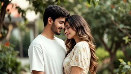 Fototapeta premium Young couple embracing and smiling together in leafy garden