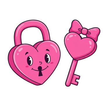 A pink heart shaped lock and key with a bow
