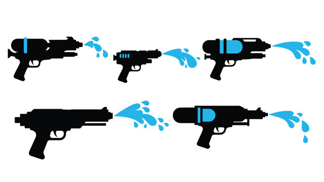 Collection of various water gun silhouettes in black and blue colors are spraying water streams against a clean white background for summer.