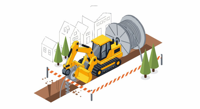 Isometric Illustration of Fiber Optic Cable Laying Machine Digging Trench for High-Speed Internet Installation in Residential Area