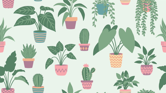 Charming seamless pattern features various potted house plants including succulents and cacti for a green and botanical home decor theme.
