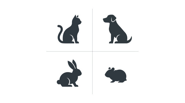 Collection of silhouette icons representing common domestic pets including a cat, dog, rabbit, and hamster