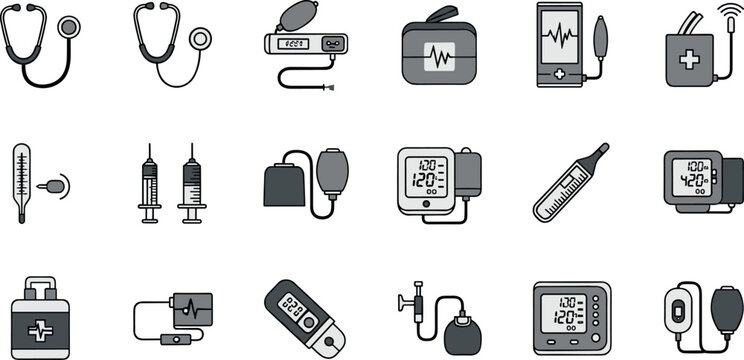 Medical Diagnostic Tool Icon Set with Blood Pressure Monitors Stethoscopes Syringes and Digital Health Measurement Devices for Clinical Software Healthcare Apps and Hospital Information Systems