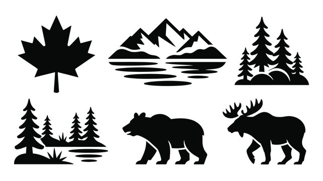 Canadian wildlife and natural scenery depicted in a minimalist black and white style