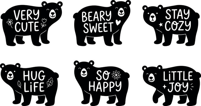 Black and white bears with cute positive phrases in handwritten style vector art