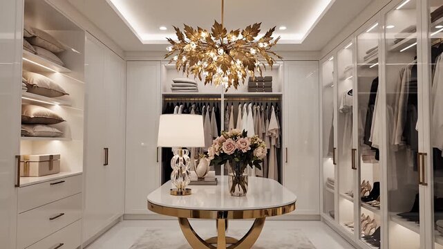 Luxury walk in closet with white cabinetry and gold chandelier