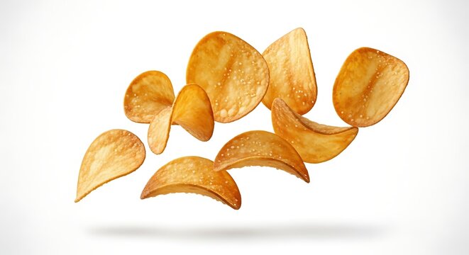 floating potato chips isolated on white background, crispy slices in motion