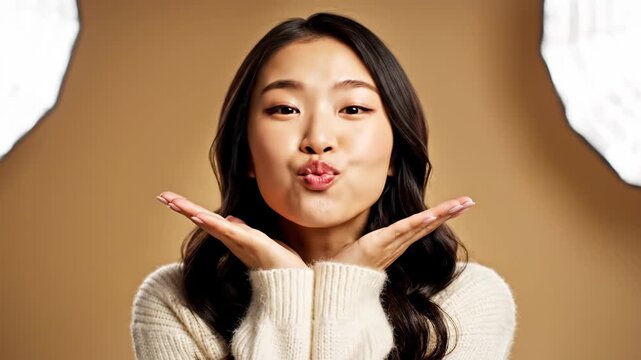 Young Asian Woman Smiling and Pouting with Hands on Cheeks, Studio Portrait