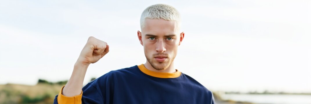 Young man raising fist facing camera in open landscape