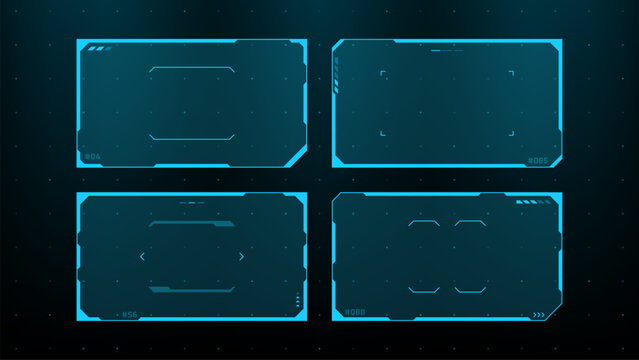 Set of blue hud vector graphics frames for digital interface design. Futuristic technological screen elements for monitor display. User interface dashboard layout for cyber system.