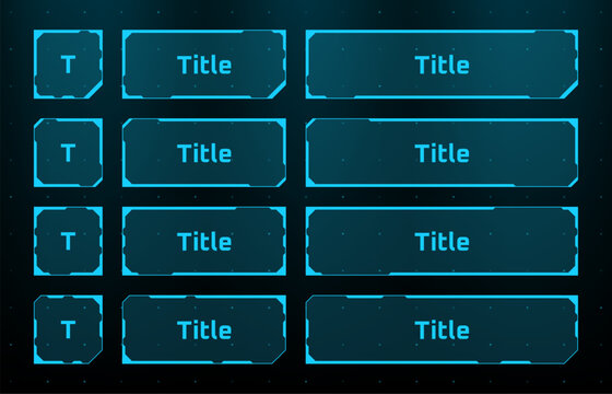 Cybernetic hud menu frames with title text containers. Digital futuristic dashboard interface elements for hi-tech software display. Abstract blue graphic panels for information data.