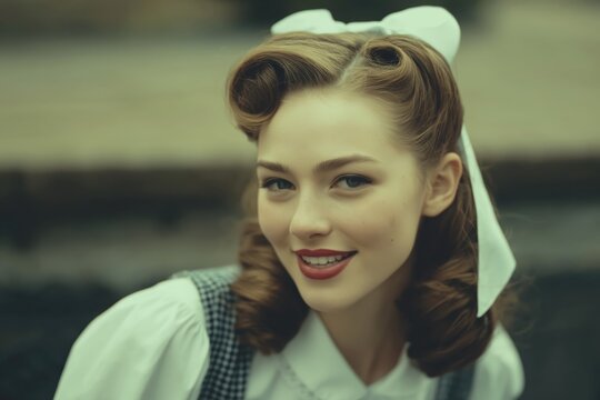 Charming young woman with vintage hairstyle and red lipstick smiles warmly