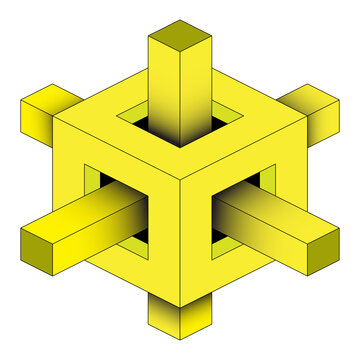 Impossible 3D isometric cube illusion with geometric bars passing through a hollow frame on transparent.