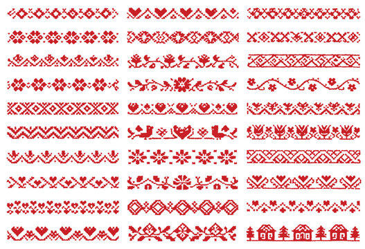 Red Slavic Folk Embroidery Borders Set, Traditional Ethnic Cross Stitch Patterns with Hearts and Flowers for Festive Decor