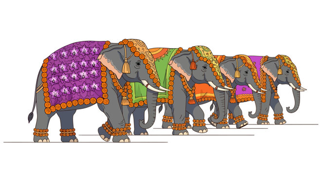 colorful decorated elephant procession illustration