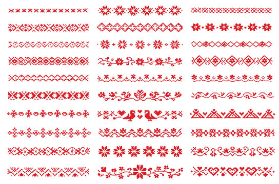 Red Traditional Slavic Folk Embroidery Borders Set, Ethnic Cross Stitch Floral Ornaments and Geometric Patterns for Textile Design