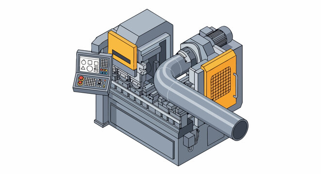 Isometric CNC Pipe Bending Machine Illustration - Automated Metal Tube Fabrication Equipment for Industrial Manufacturing