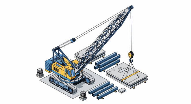 Crawler Crane Lifting Concrete Slabs Isometric Vector Illustration for Construction and Industrial Design