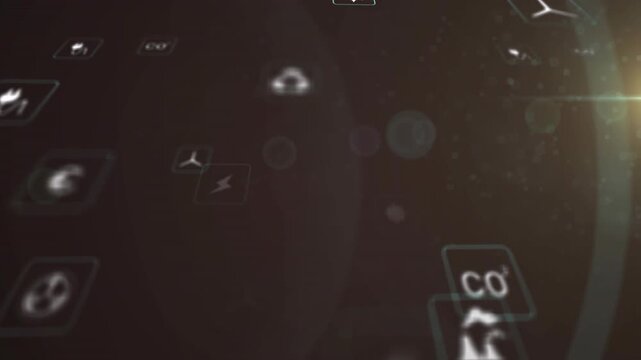 Cluster of energy icons drifting on HUD, camera pushing forward showing power or CO2 impact via flar