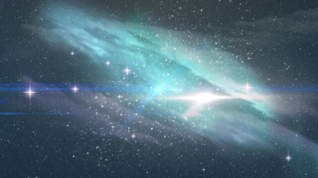 Camera approaching nebula, teal cloud brightening, revealing core flare with streaks for science