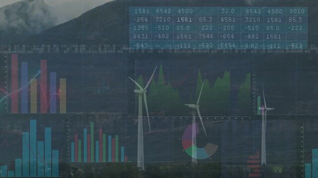 Vertical video: 3 turbines rotating while telemetry driving energy charts monitoring performance