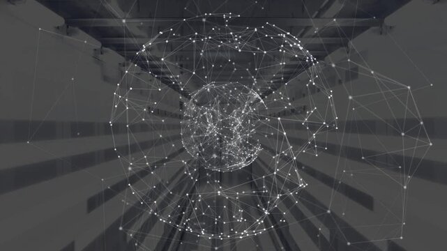 Point-cloud sphere receiving data pulse, tightening into torus shell, pulsing, showing tech network