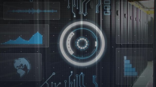 HUD activating over server racks, brightening and rotating rings, charts rising for diagnostics