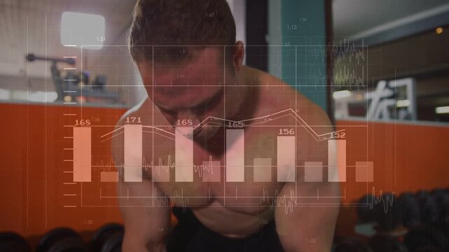Male lifter placing weight plate, adjusting grip, doing rows while fitness overlays tracking gains