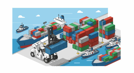 Fototapeta premium Isometric Illustration of a Busy Container Port Terminal with Cargo Ships, Reach Stacker, and Shipping Containers for Global Logistics and Trade