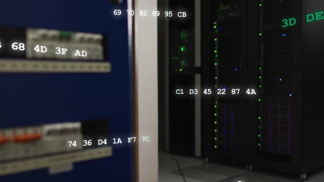 Vertical video: Camera panning focus shifting showing hex overlays across racks LEDs for IT ops