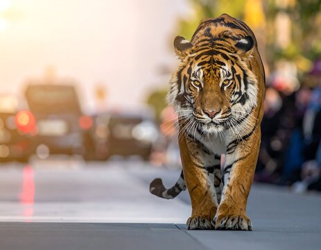 Tiger strides down street, blurred cars/people behind, sunlight glows