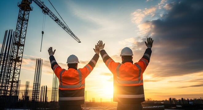 Construction workers celebrating success at a building site during sunset