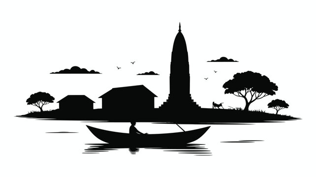 Silhouette of a coastal village with a pagoda boat and trees