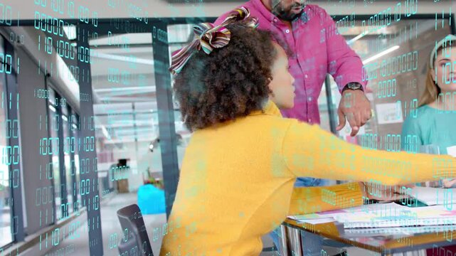 Woman in yellow handing papers, man in pink guiding layout for office plan, binary overlay floating