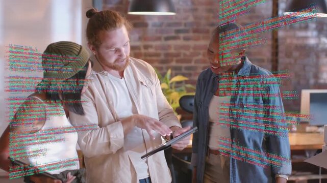 Vertical video: Team lead joining group causing man tapping tablet and highlighting code for review
