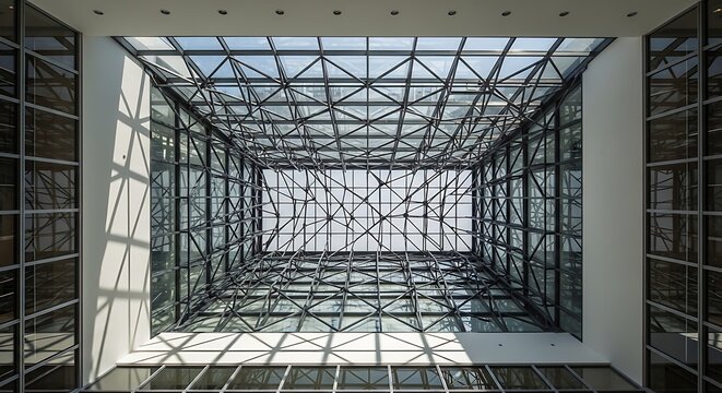 A futuristic prison cell corridor features a metal structure with glass windows and urban reflections along a perspective hall of industrial steel architecture and interior design