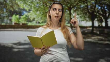 Fototapeta premium Woman holding green notebook points finger upward while reading aloud from a small journal on a tree lined street in daylight; contemplation focus.