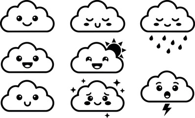 Fototapeta premium Cute black and white kawaii clouds with different facial expressions and weather elements