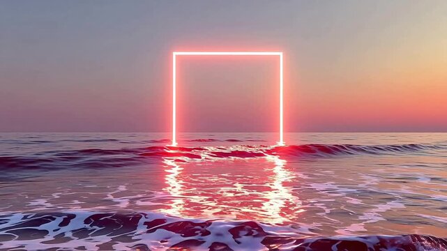 Neon square over ocean at sunset
