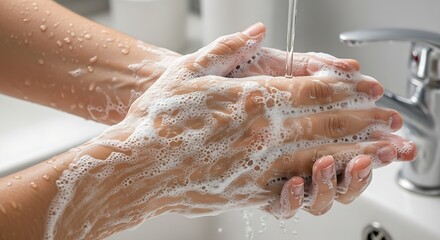 Fototapeta premium Close-up of human hands thoroughly washing with rich soap foam under running tap water in a clean sink, emphasizing daily personal hygiene and health protection.