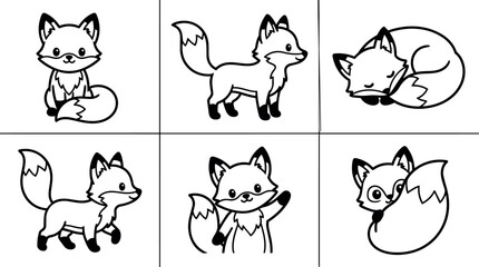 Obraz premium Black and white cartoon fox characters set in various poses and expressions