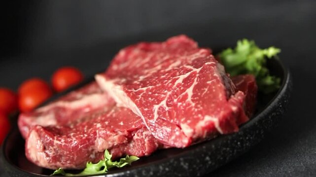 Raw beef steak marbled meat veal tasty snack fresh gourmet food background on the table rustic food top view copy space