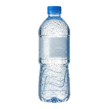 A clear plastic bottle of water with a blue cap