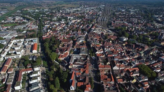  Aerial view around the old town of the city Offenburg, Germany on a sunny spring day