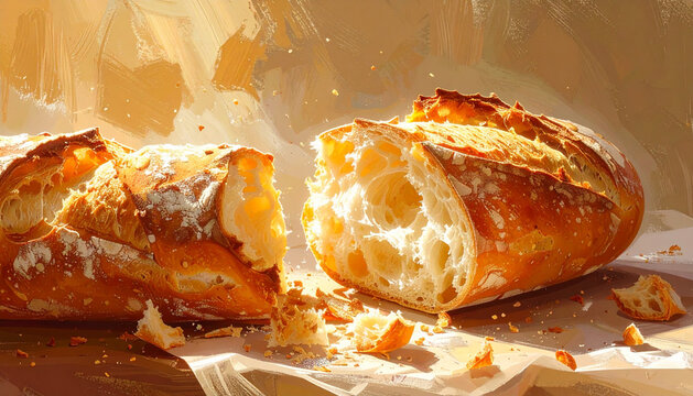 Fresh baguette with torn crust and airy crumb macro texture